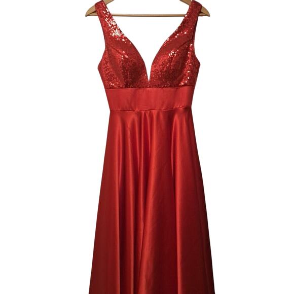 Handmade Red Satin Gown Dress Womens 2 Sleeveless Sequins Formal Prom Bridal - Picture 1 of 16